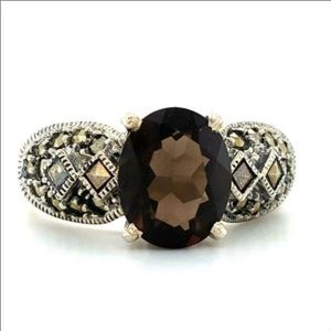 Vintage signed Judith Jack Smokey quartz and marcasite sterling silver ring sz 8